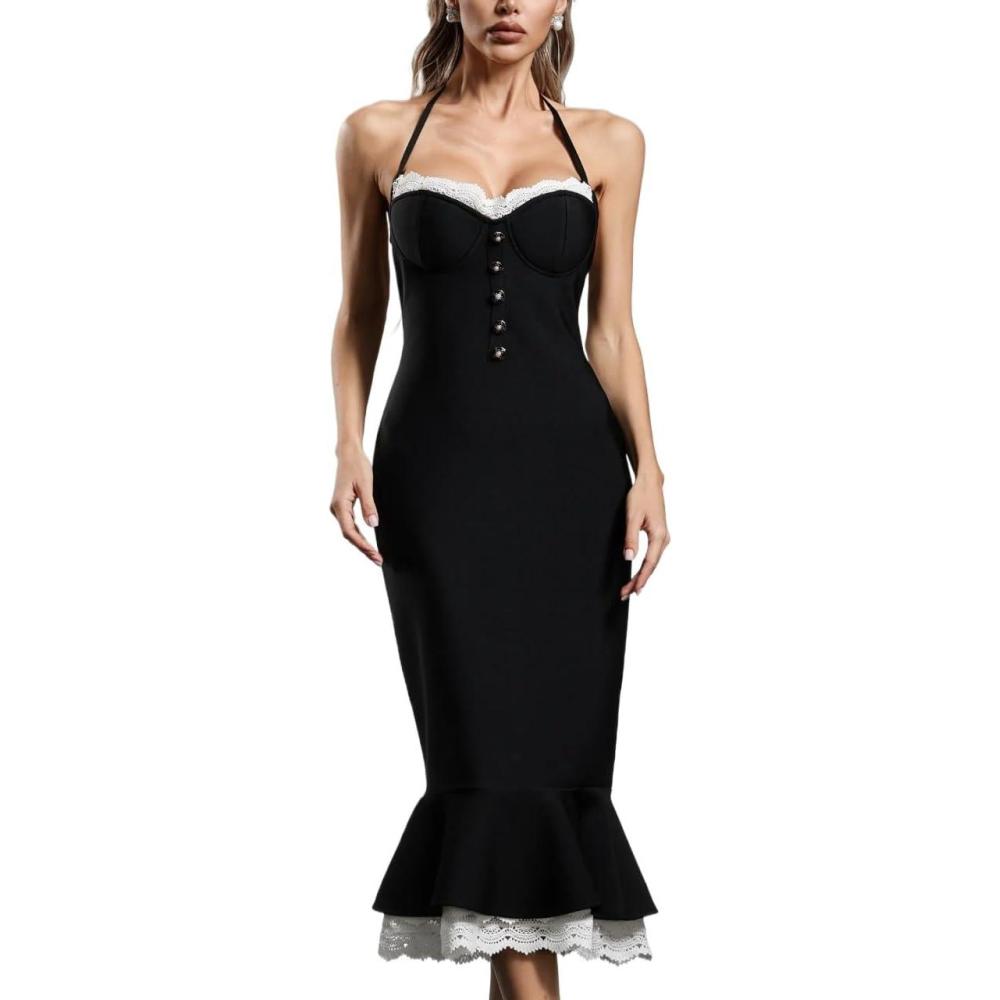 imageFishtail Bandage Dress with Halter Neck Lace Trim and Patchwork Evening GownBlack