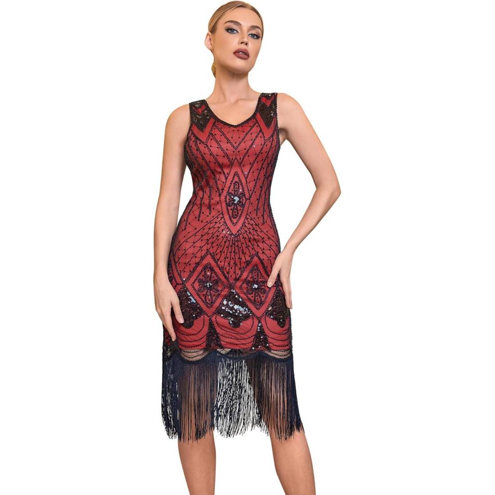 imageFlapper Dresses 1920s Gastby Sequin Dress for Women Tassels Party Night CocktailUred