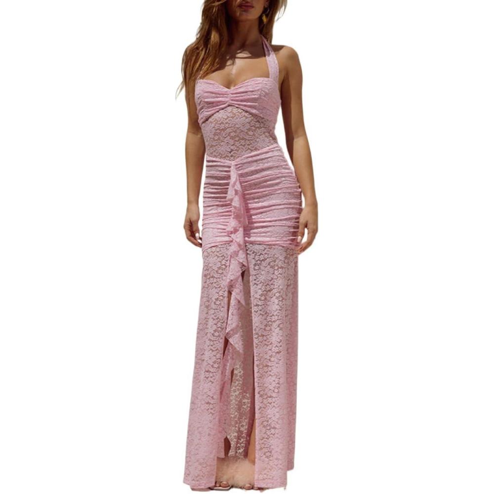 imageHanging Lace Long Sleeveless Backless Slim Home Coming Holiday Bridesmaid DressesPink
