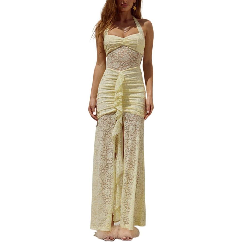 imageHanging Lace Long Sleeveless Backless Slim Home Coming Holiday Bridesmaid DressesYellow