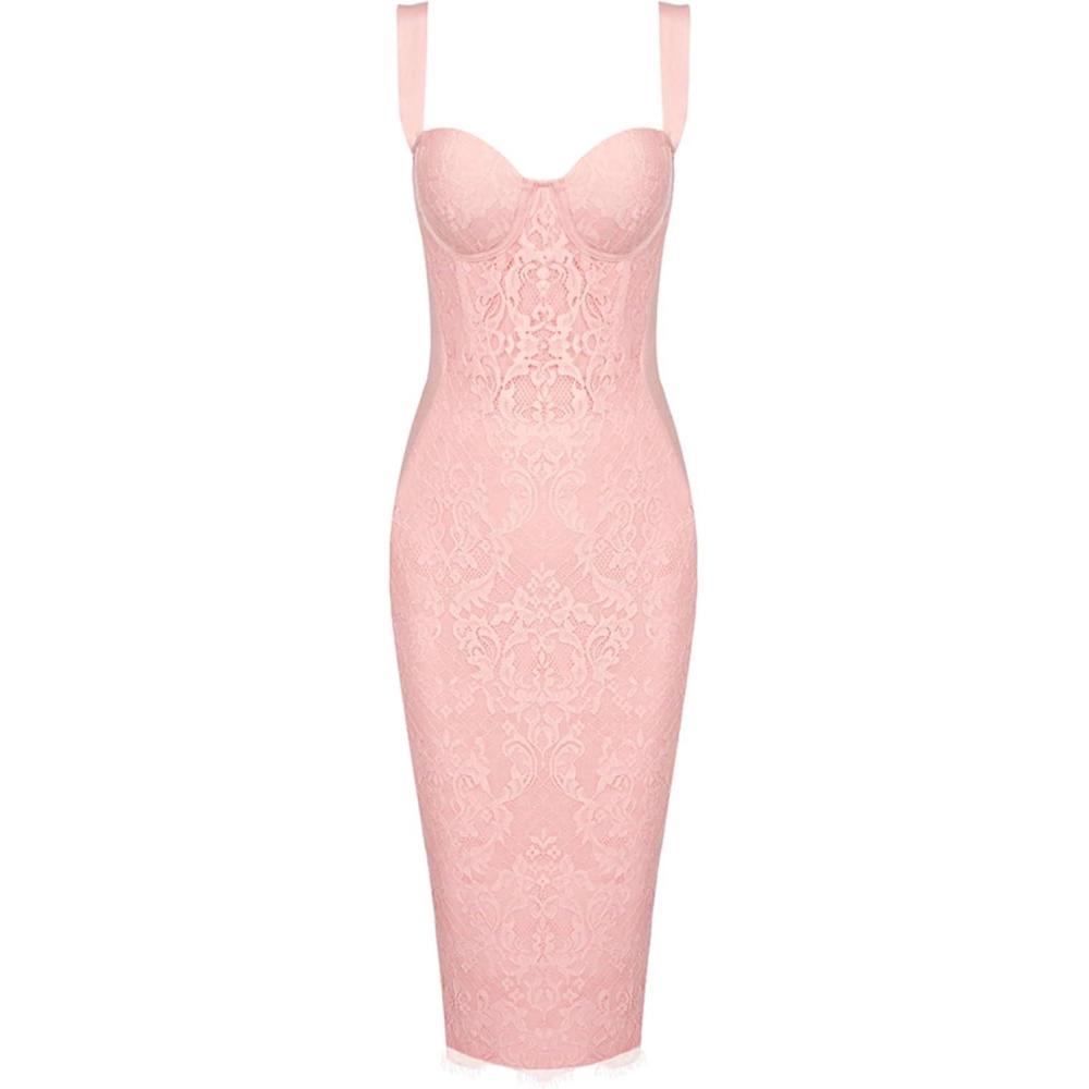 imageLace Fishbone Midi Cocktail Party Bandage Dress for Women Back Slit Wedding Guest DressApinkbandage
