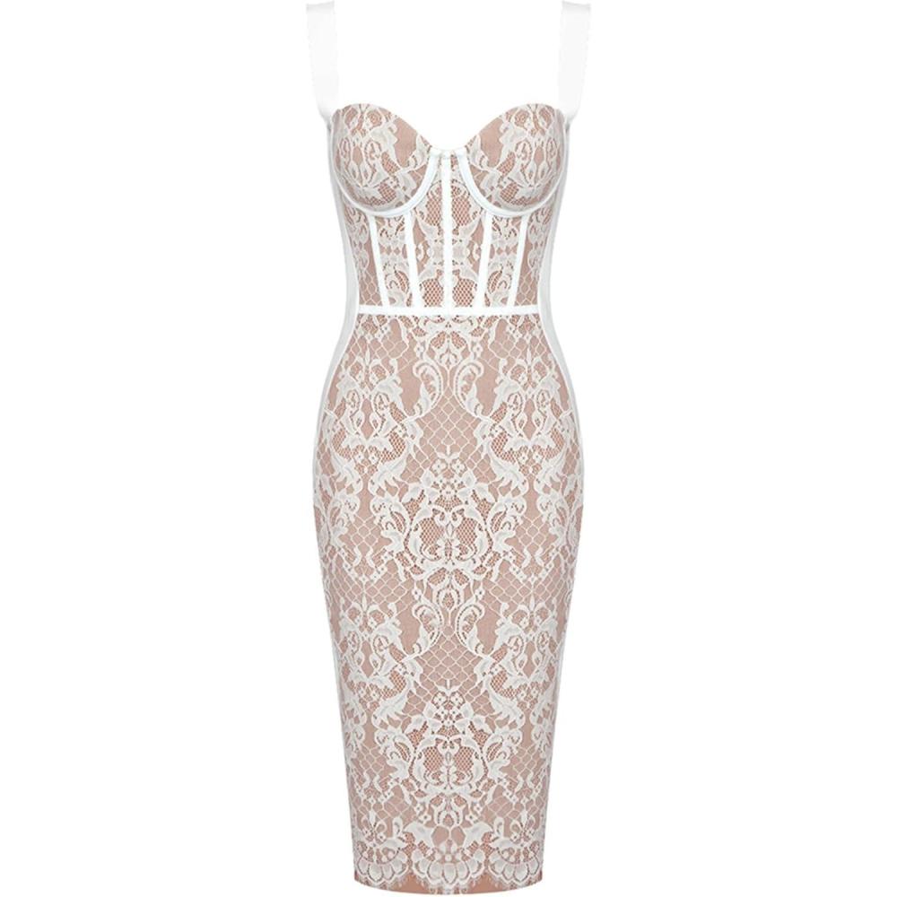 imageLace Fishbone Midi Cocktail Party Bandage Dress for Women Back Slit Wedding Guest DressAwhitebandage