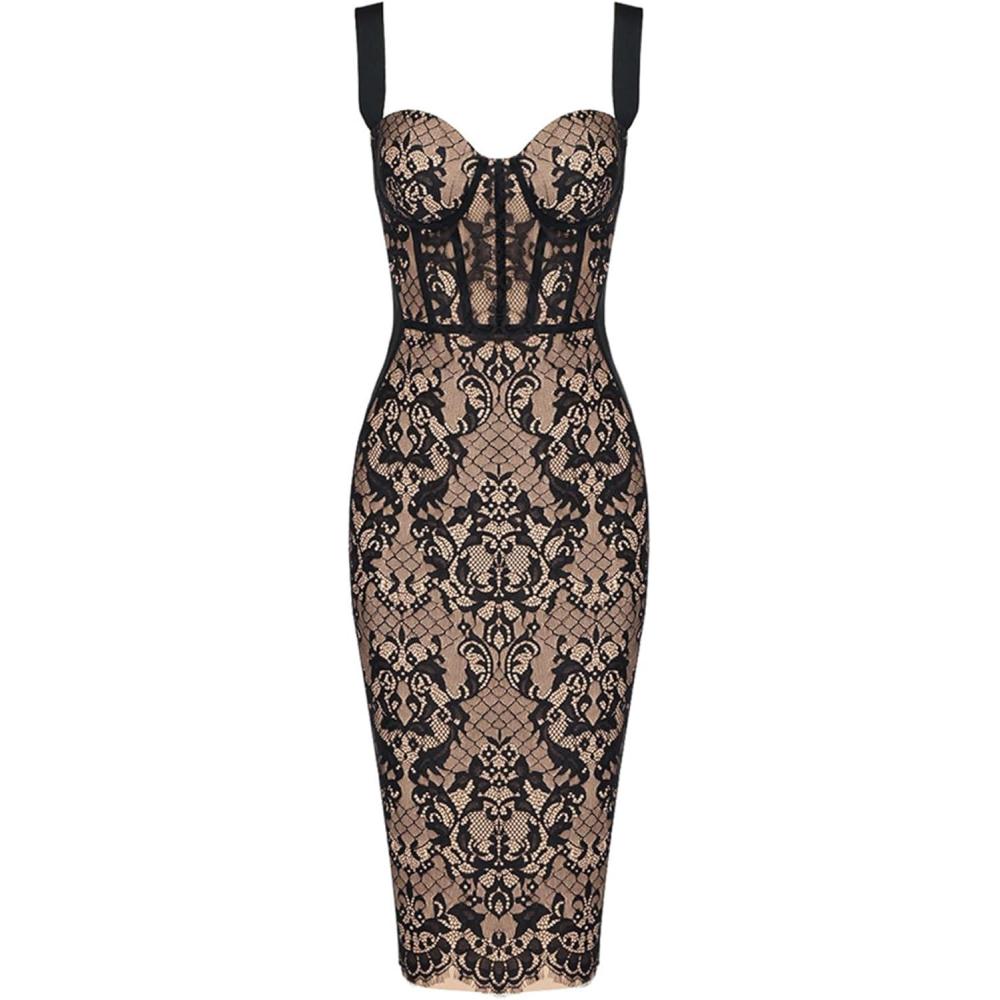 imageLace Fishbone Midi Cocktail Party Bandage Dress for Women Back Slit Wedding Guest DressBblackvelvet