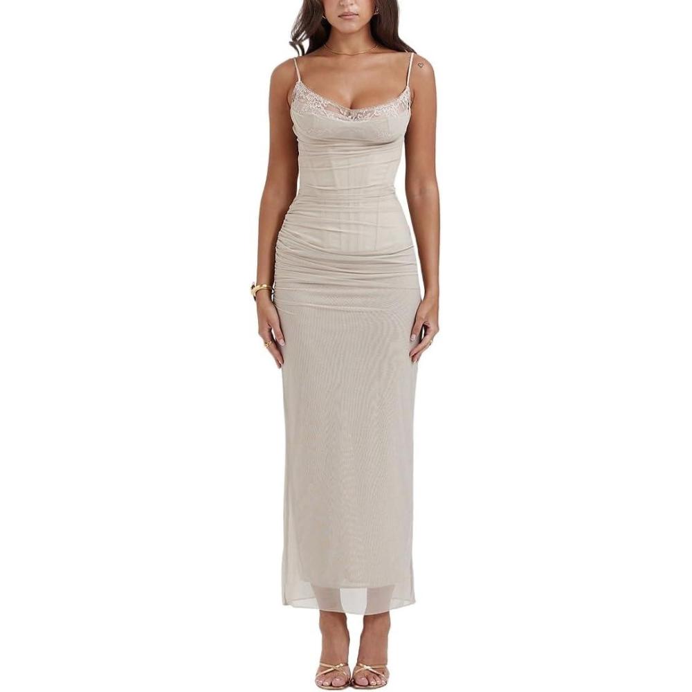 imageLace Halter Slim Long Dresses Sexy Mesh Busty Waist Wrap Hip Party Corset DressesBgrey
