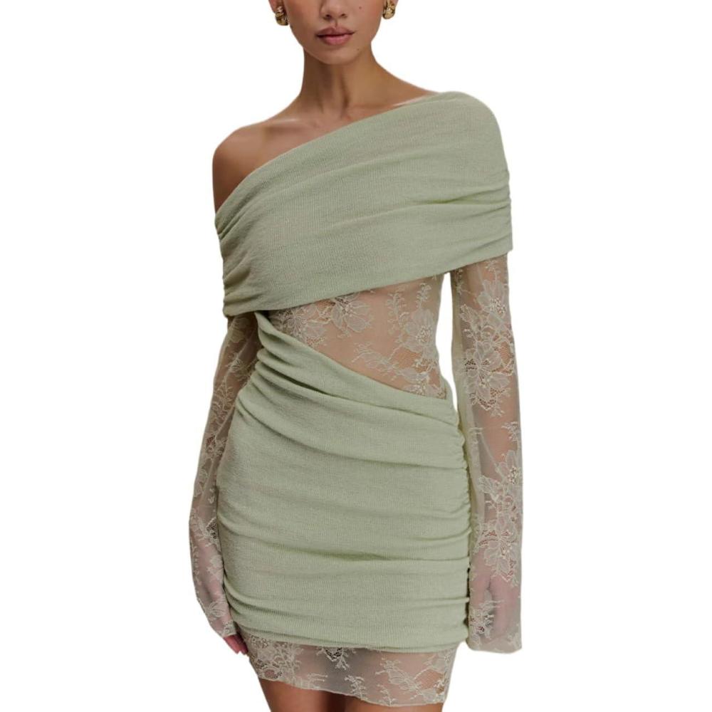 imageLace Knit Mini Dress Patchwork One Shoulder Cutout Hottie Knit Home Coming Short DressesGreen