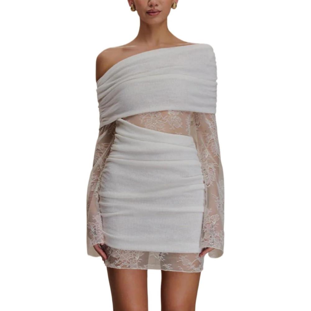 imageLace Knit Mini Dress Patchwork One Shoulder Cutout Hottie Knit Home Coming Short DressesWhite
