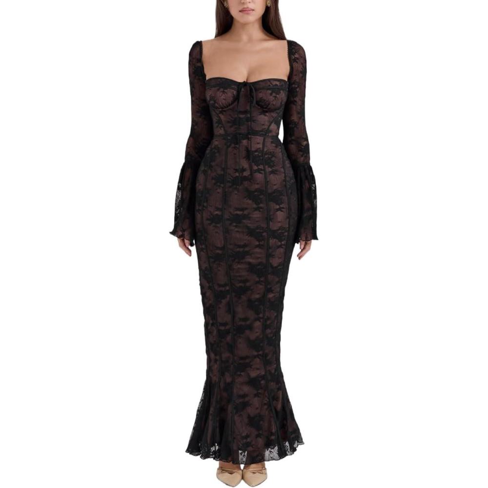 imageLace Maxi Dress Sheath Long Backless Bag Hip Long Flared Sleeve DressesBblack