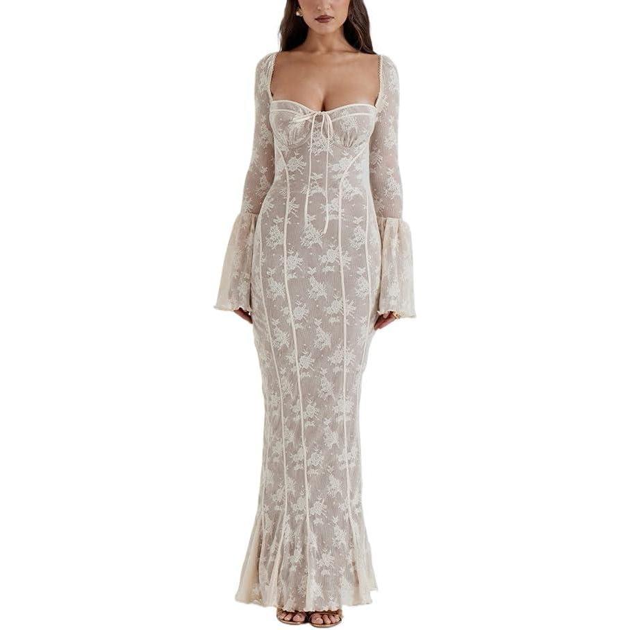 imageLace Maxi Dress Sheath Long Backless Bag Hip Long Flared Sleeve DressesWhite2