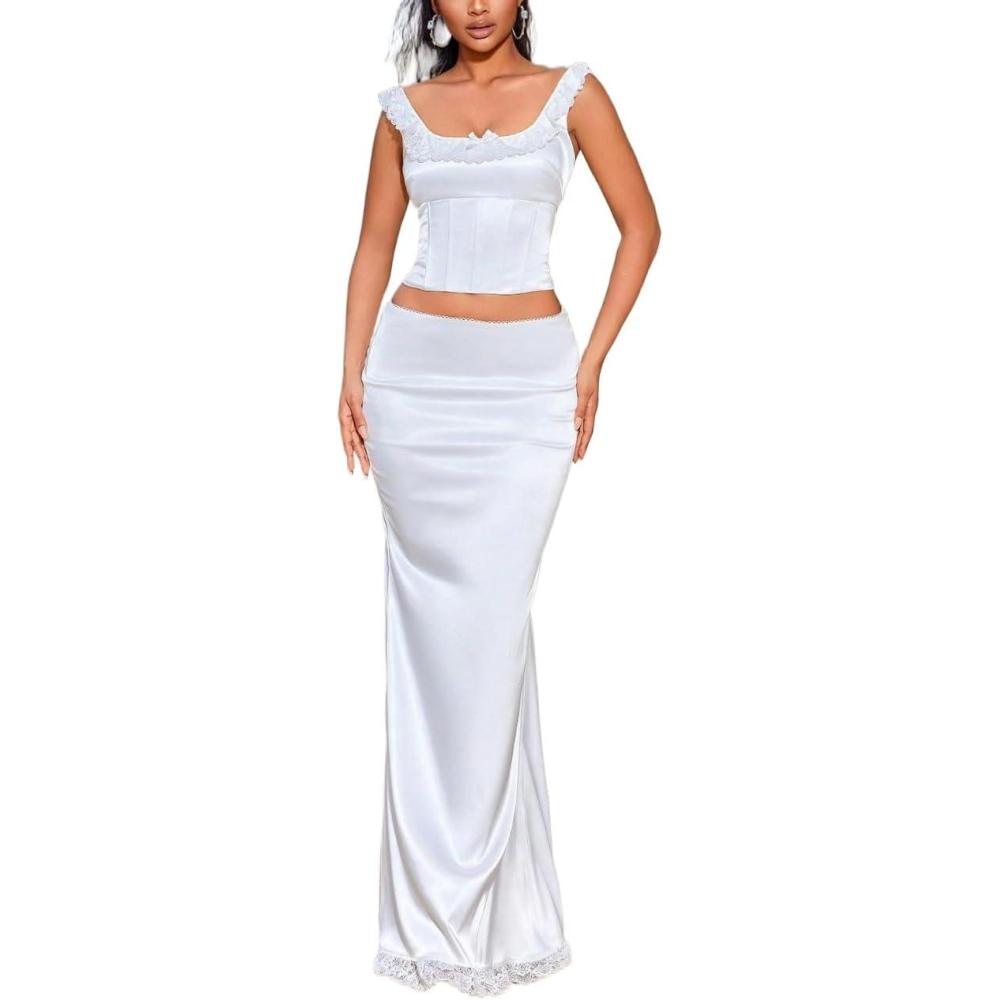 imageLace Maxi Dress with Sleeveless BackTie Top Exquisite Elegant Fitted Train Evening Gown SetWhite