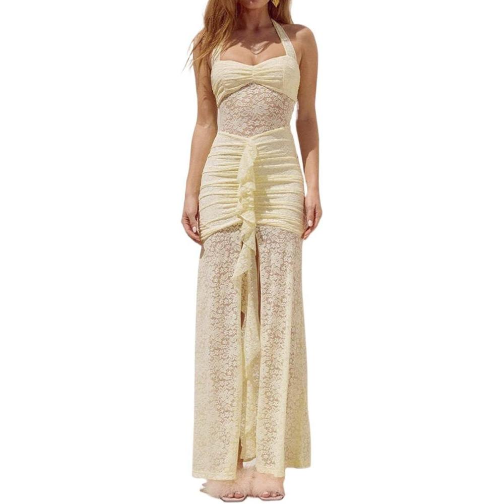 imageLace Neck Dress Pleated Sexy Backless Bag Hip Resort Style See Through Maxi DressesYellow
