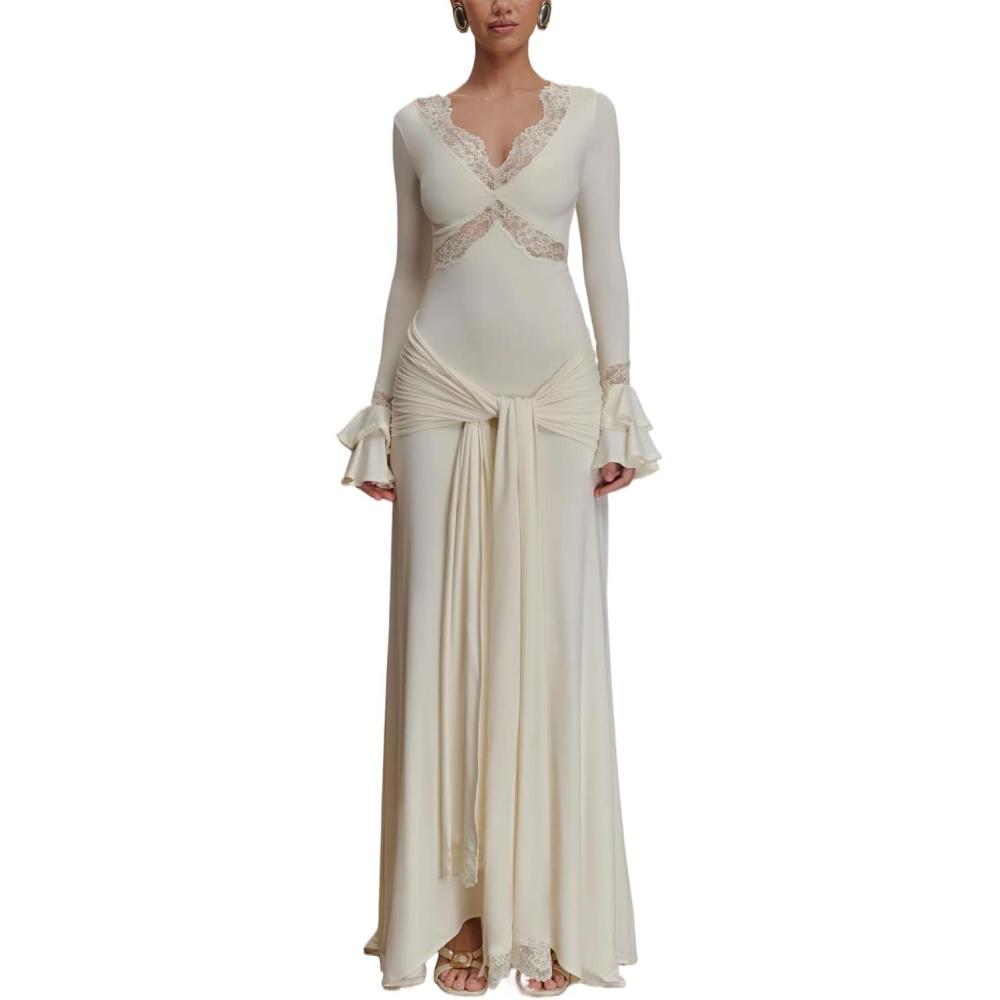 imageLace VNeck LongSleeved Dress with Patchwork Details Casual AutumnWinter Maxi DressWhite