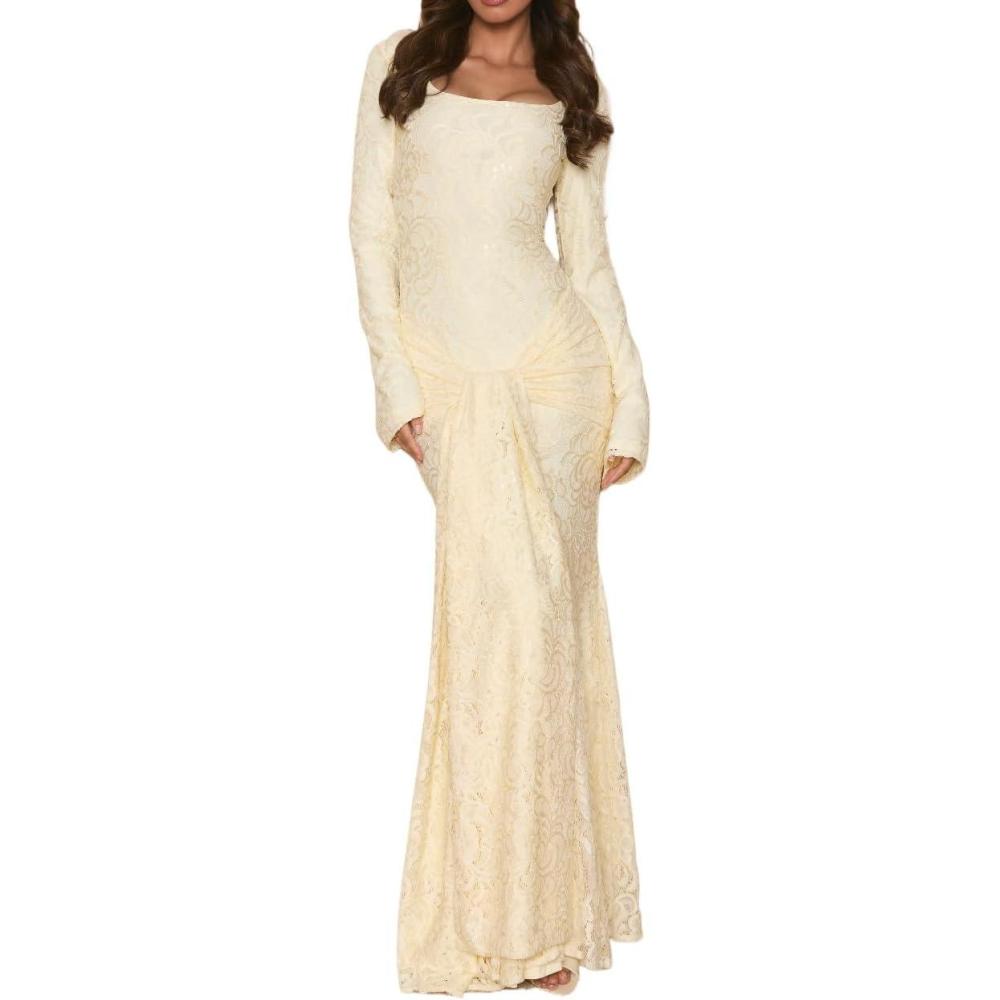 imageLaceTrimmed LongSleeved Maxi Dress Elegant AutumnWinter Casual DressBeige