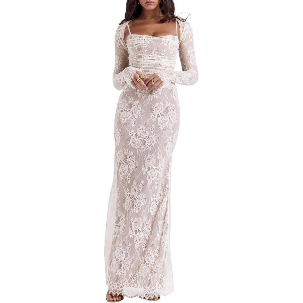 imageLongSleeved Strapless lace LaceTrim Pleated TieWaist Dress Party Evening GownWhite