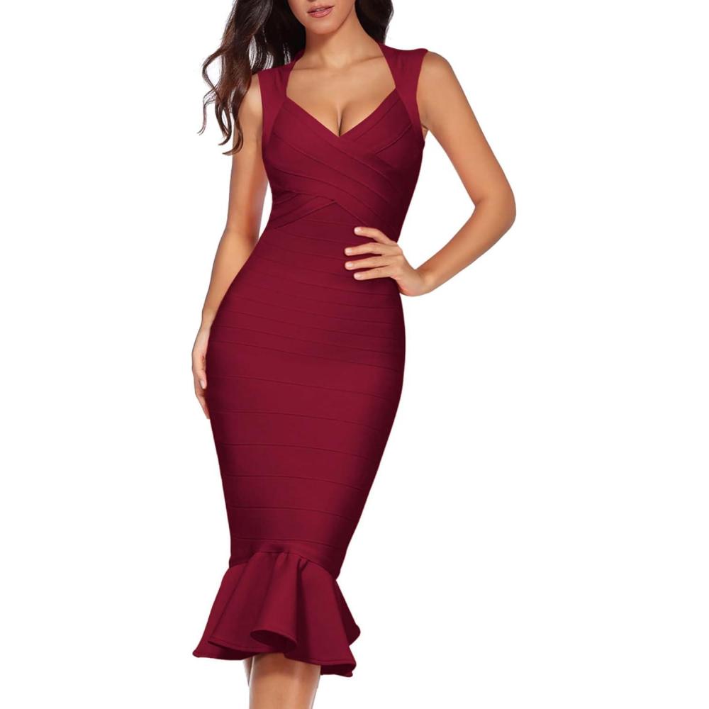 imageMermaid Bandage Dress Shoulder Strap V Neck Midi Cocktail Party Dresses for WomenWine