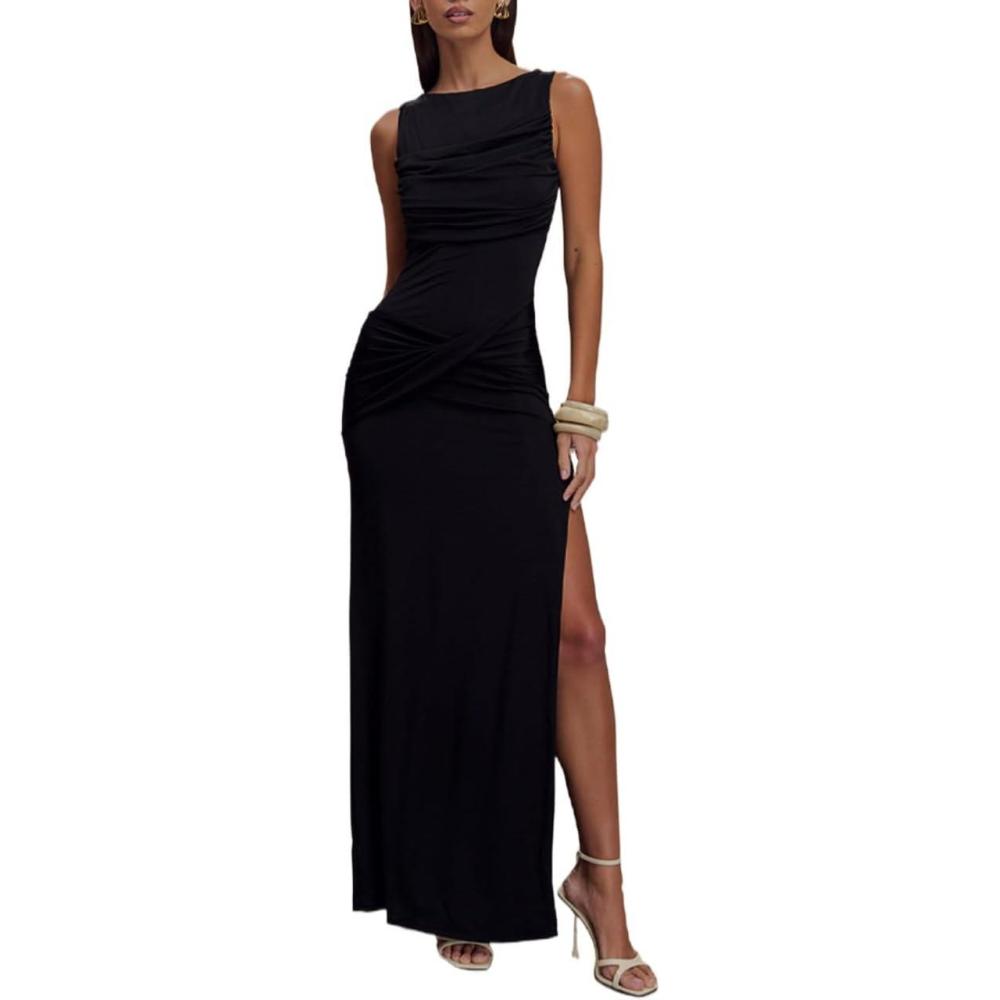 imageMesh Maxi Dress Round Neck Backless Pleated Sleeveless Split Slim Evening GownsBlack