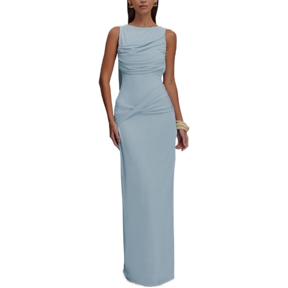 imageMesh Maxi Dress Round Neck Backless Pleated Sleeveless Split Slim Evening GownsBlue