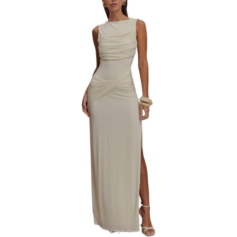 imageMesh Maxi Dress Round Neck Backless Pleated Sleeveless Split Slim Evening GownsWhite