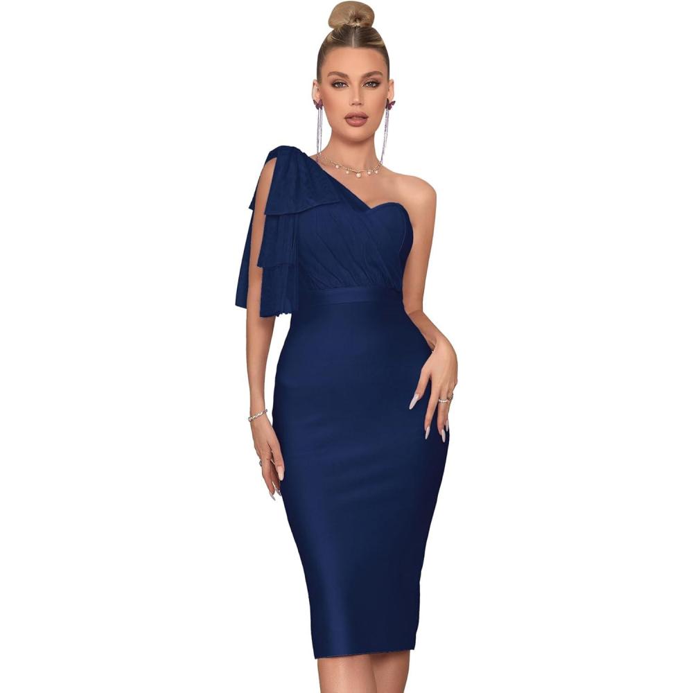 imageMesh One Shoulder Bow Bodycon Midi Graduation Birthday Dinner Dress Bandage Party DressAnavy