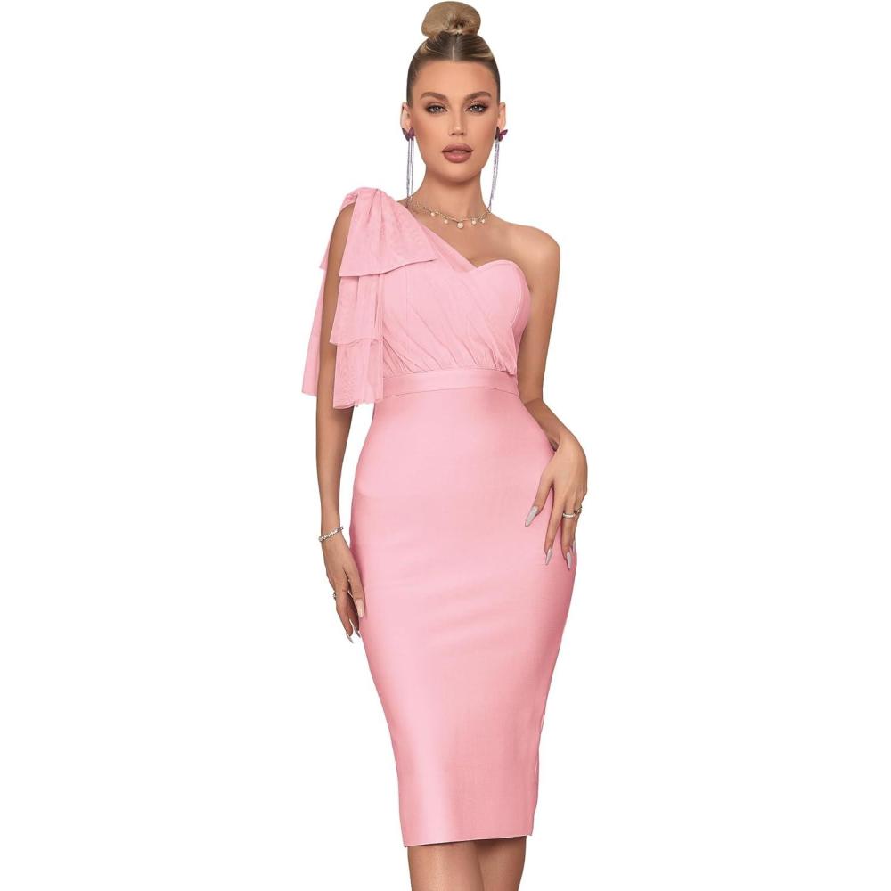 imageMesh One Shoulder Bow Bodycon Midi Graduation Birthday Dinner Dress Bandage Party DressApink