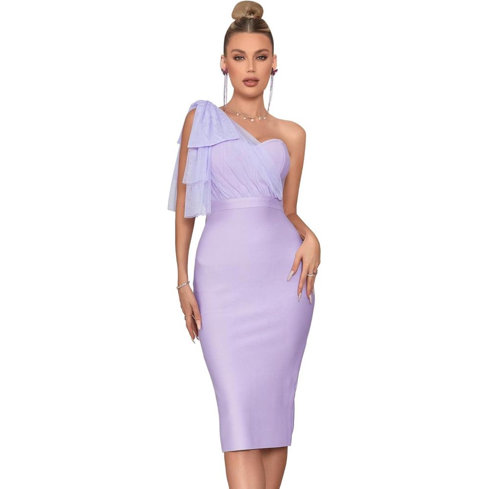 imageMesh One Shoulder Bow Bodycon Midi Graduation Birthday Dinner Dress Bandage Party DressApurple