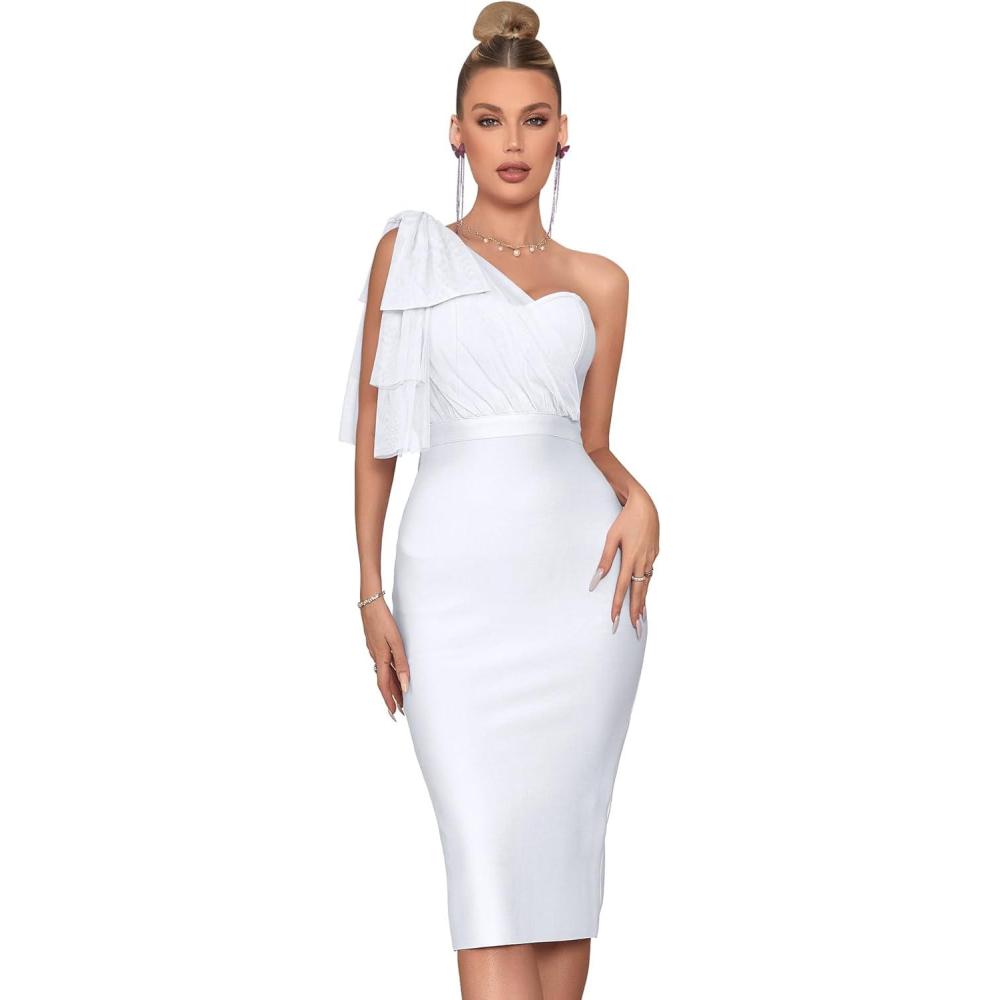 imageMesh One Shoulder Bow Bodycon Midi Graduation Birthday Dinner Dress Bandage Party DressAwhite