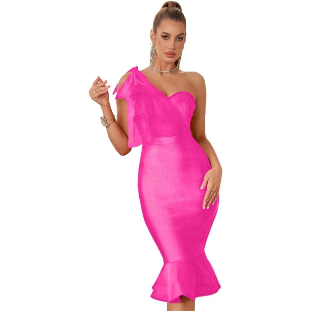 imageMesh One Shoulder Bow Midi Dress Fishtail Bandage Cocktail Party Wedding Bridesmaid Evening GownAhotpink