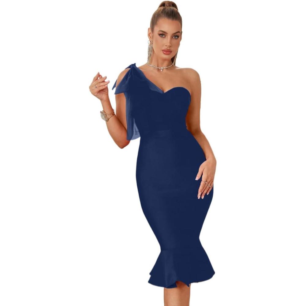 imageMesh One Shoulder Bow Midi Dress Fishtail Bandage Cocktail Party Wedding Bridesmaid Evening GownAnavy
