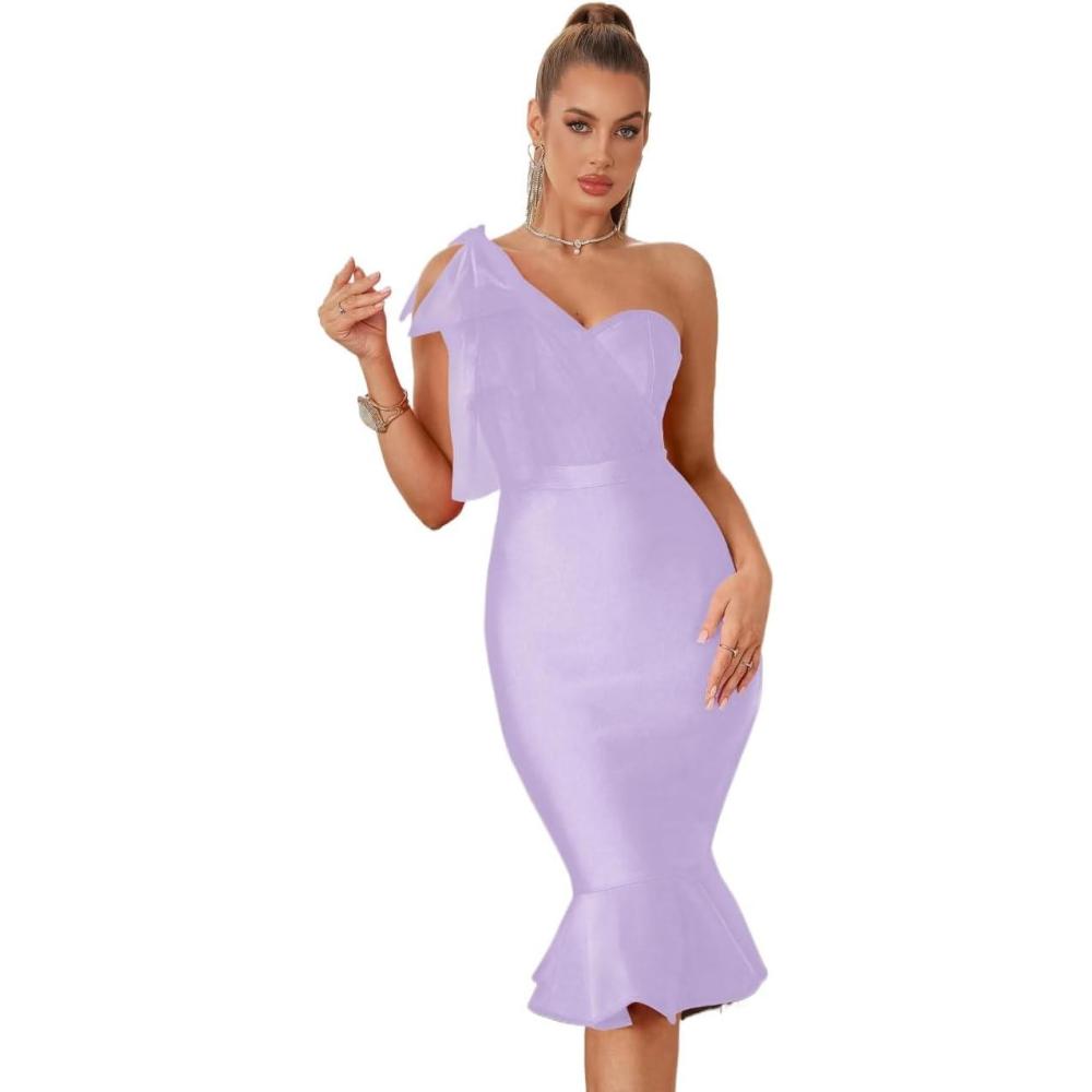 imageMesh One Shoulder Bow Midi Dress Fishtail Bandage Cocktail Party Wedding Bridesmaid Evening GownApurple