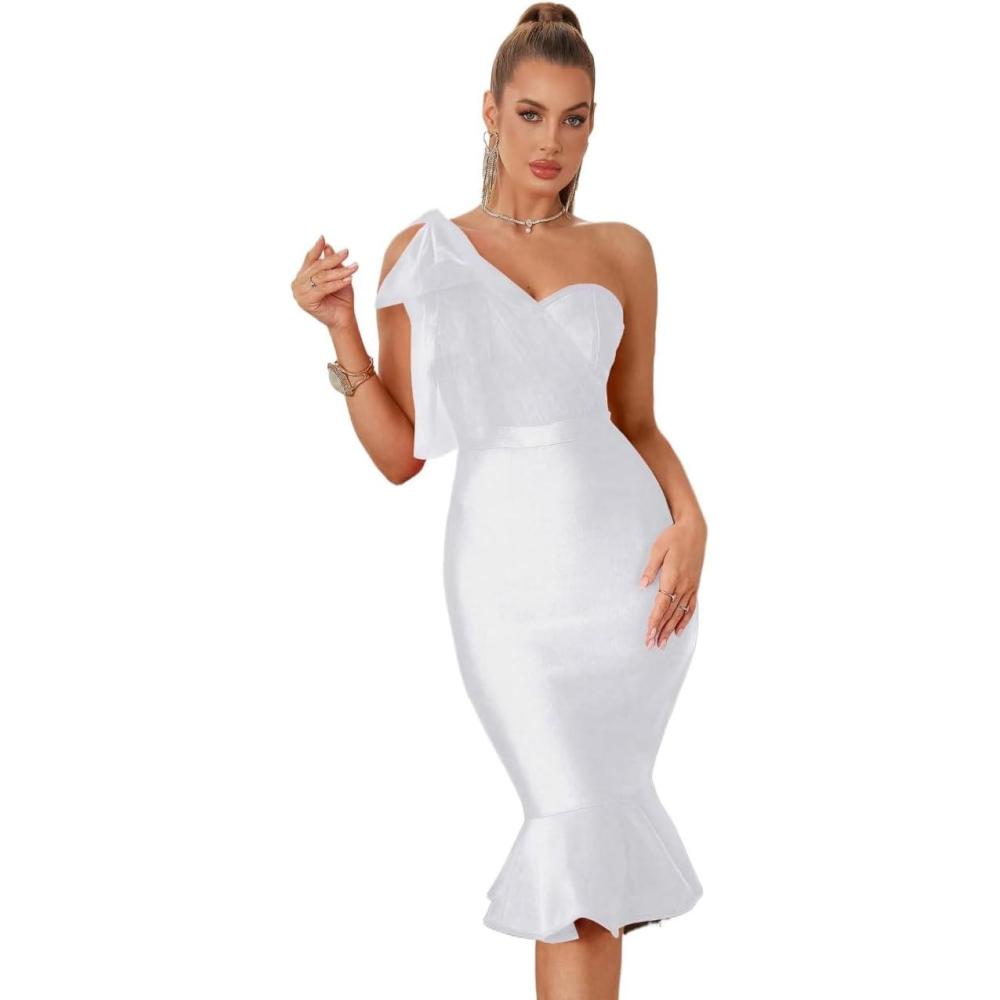imageMesh One Shoulder Bow Midi Dress Fishtail Bandage Cocktail Party Wedding Bridesmaid Evening GownAwhite