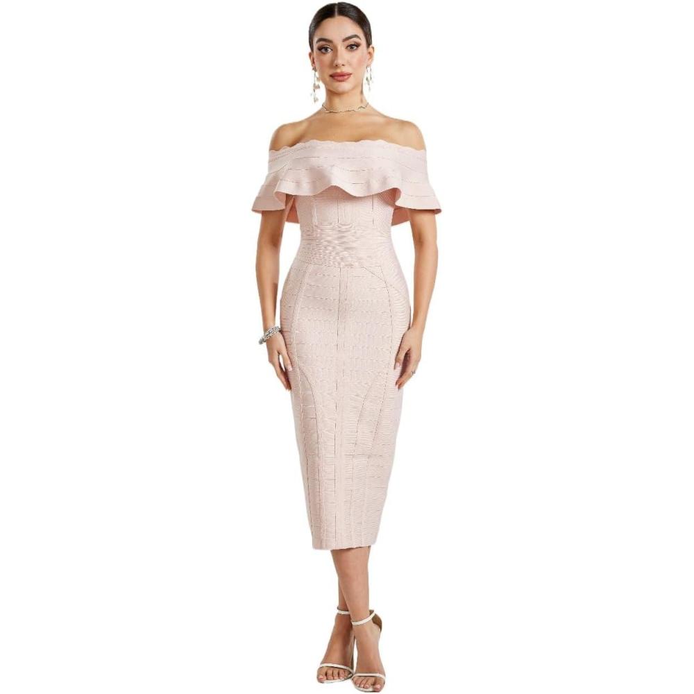 imageOff Shoulder Bandage Dresses for Women Wedding Guest Party Midi Formal Gowns Evening DressApink