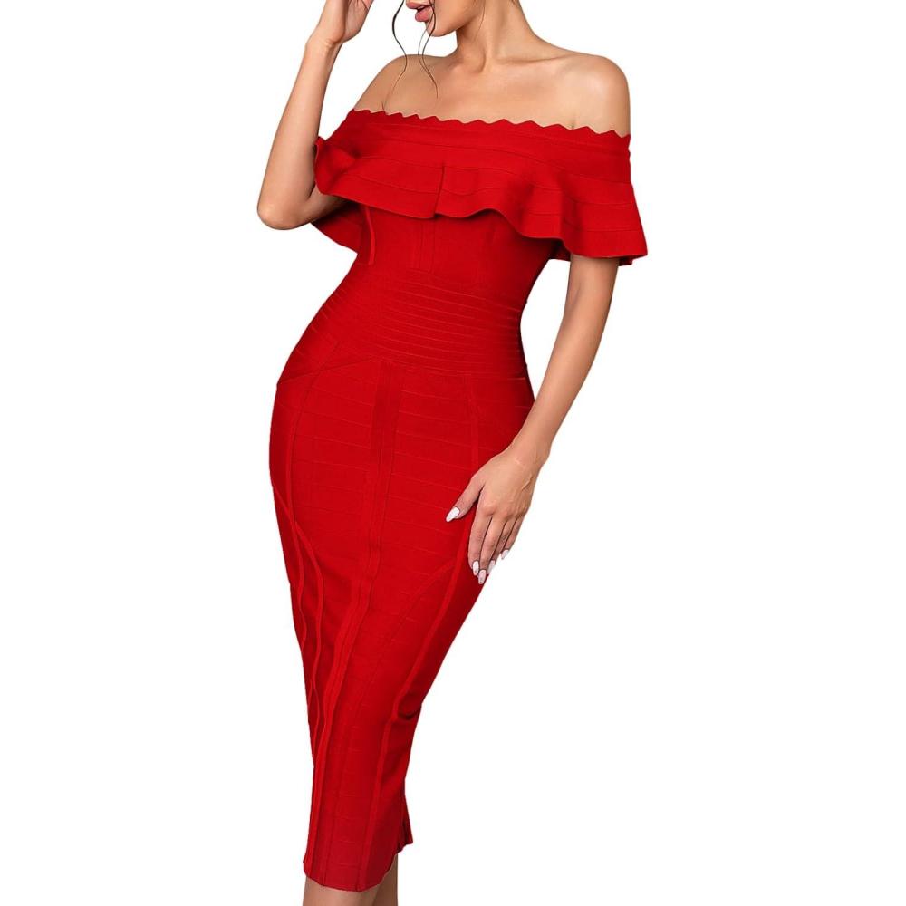 imageOff Shoulder Bandage Dresses for Women Wedding Guest Party Midi Formal Gowns Evening DressAred