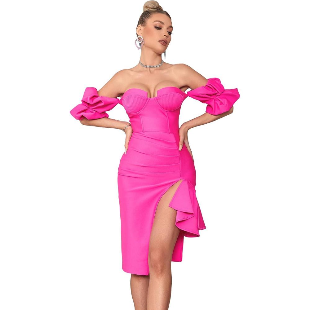 imageOff Shoulder Dress for Women Sexy Midi Bandage Dress with Slit Bodycon Cocktail Party DressRose