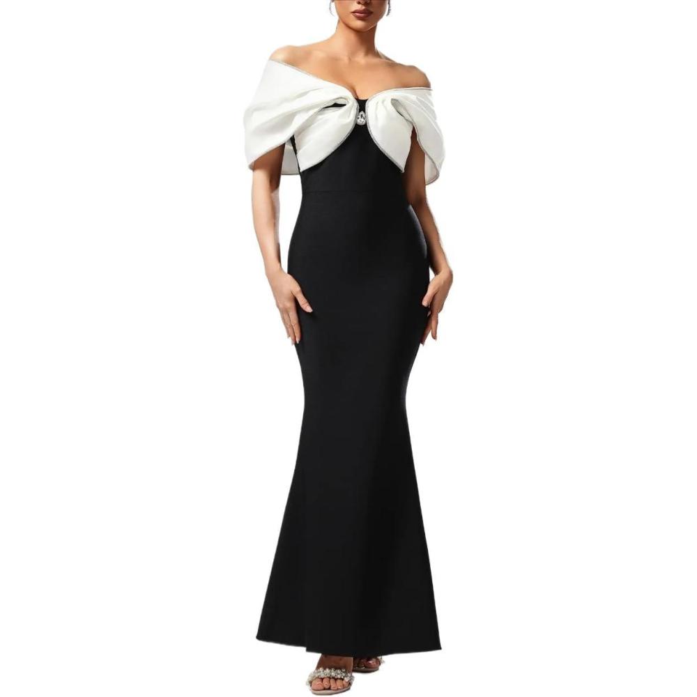 imageOff Shoulder Sleeveless Diamond Fish Tail Bandage Maxi Dress Bridal Banquet Haute GownBlack