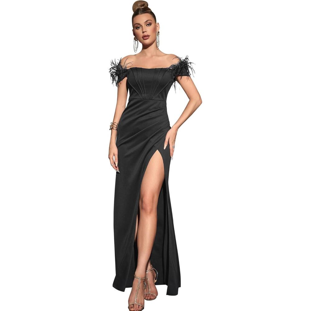 imageOff Shoulder with Feather Dress Sleeveless Long Dress Prom Dress High Slit Mermaid Formal Evening GownBlack