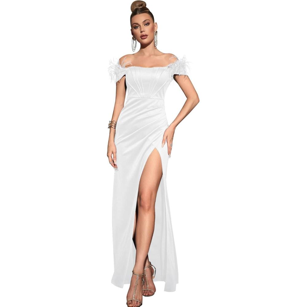 imageOff Shoulder with Feather Dress Sleeveless Long Dress Prom Dress High Slit Mermaid Formal Evening GownWhite