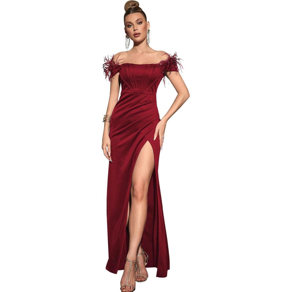 imageOff Shoulder with Feather Dress Sleeveless Long Dress Prom Dress High Slit Mermaid Formal Evening GownWine