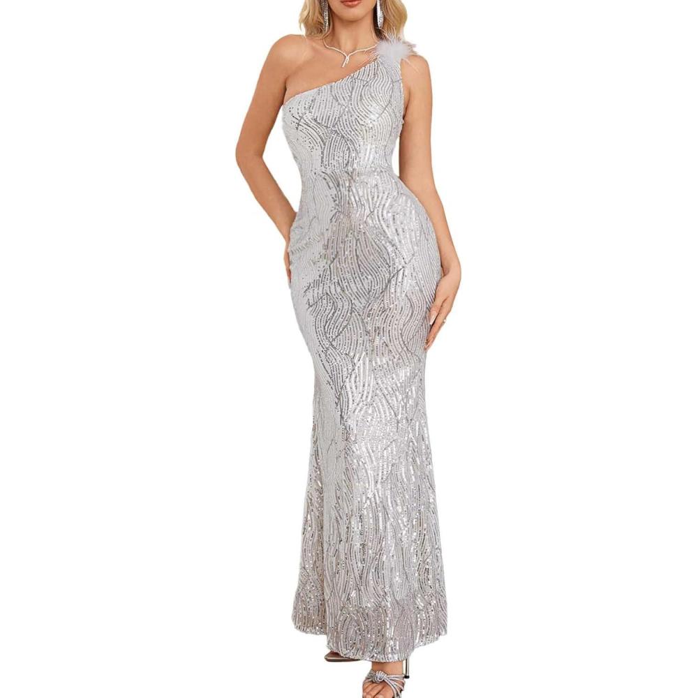 imageOne Shoulder Formal Evening Gowns Sequin Mermaid Maxi Dress for Wedding GuestCsilver