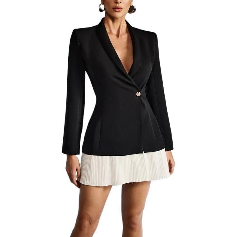 imagePleated Blazer Mini Dress VNeck MatureChic Workwear SkirtBlack
