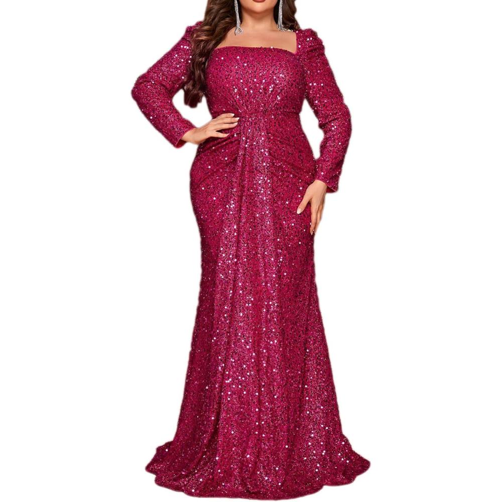 imagePlus Size Long Sleeve Sequin Formal Evening Dress Square Neck Mermaid Night Party DressesAhotpink