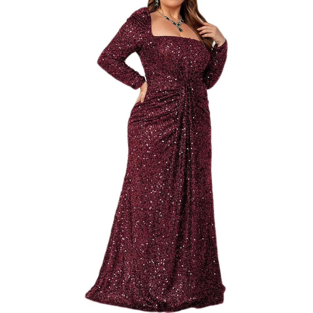 imagePlus Size Long Sleeve Sequin Formal Evening Dress Square Neck Mermaid Night Party DressesAwine