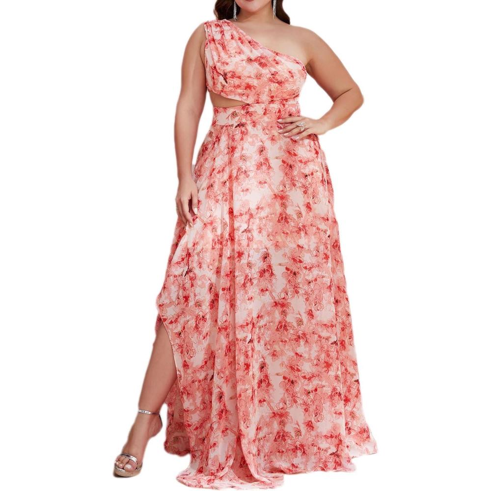 imagePlus Size One Shoulder Cut Out Chiffon Casual Maxi Dress Floral Holiday Beach Long DressesAasshown