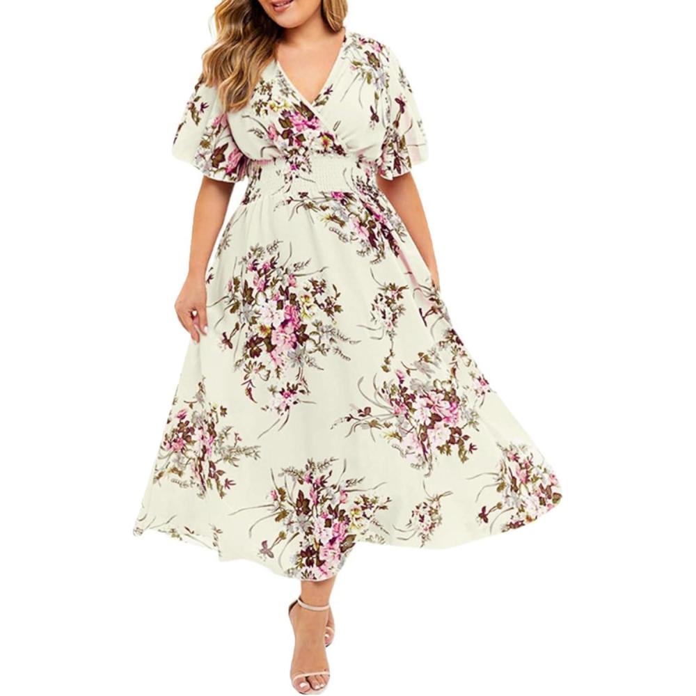 imagePlus Size Summer Floral Short Sleeve Midi Sun Dress Pleated Holiday Long Dress Beach Wedding Guest DressOffwhite