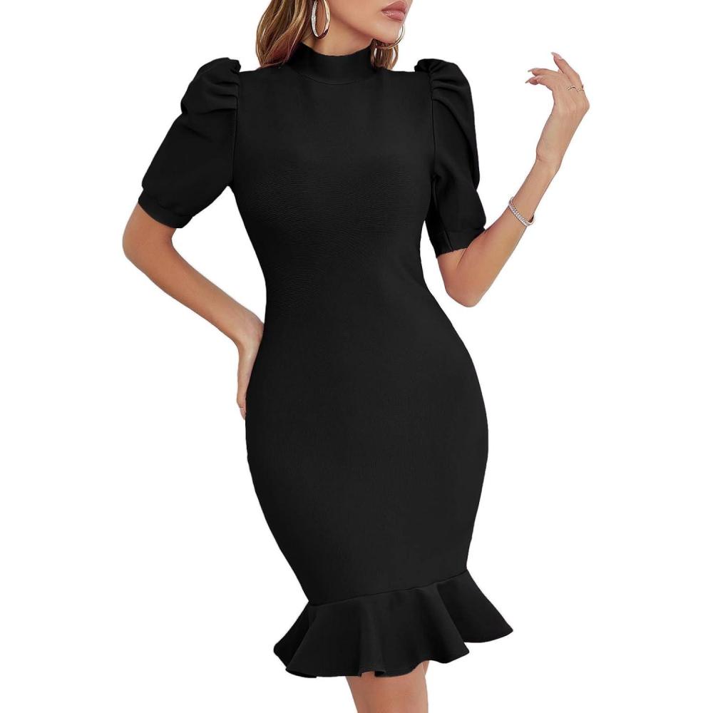 imagePuff Sleeve Bandage Dress Mermaid Tight Fitting Midi Formal Dresses for WomenAblack