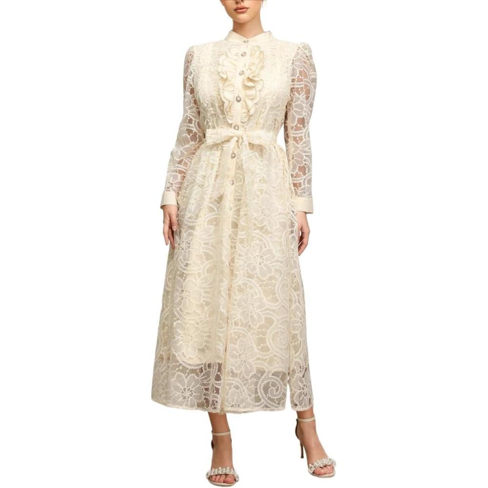 imageRoundNeck LongSleeve Maxi Dress with Lace TieDetail for Evening AutumnWinterBeige
