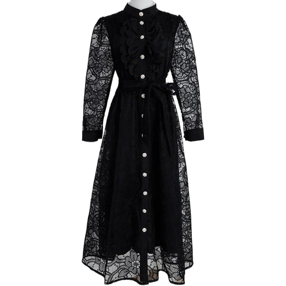 imageRoundNeck LongSleeve Maxi Dress with Lace TieDetail for Evening AutumnWinterBlack