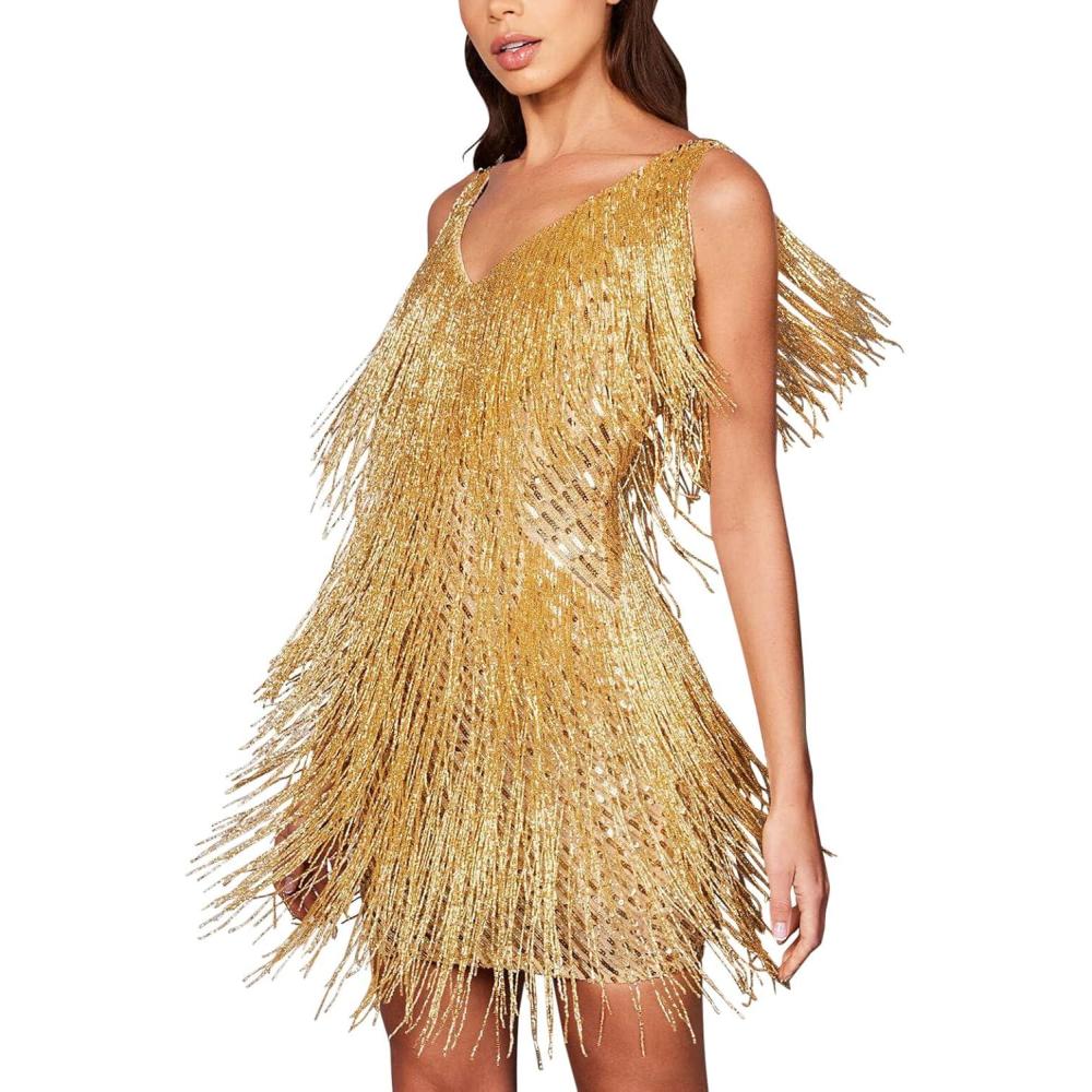 imageSequin Cocktail Dresses Flapper Dresses 1920s Gatsby with AllOver Fringe Mini Dresses Prom Party DressBgold