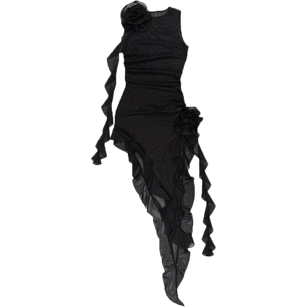 imageSheer Mesh Fashion Day Dress Floral Tassel Ruffle y2k Nightclub DressBlack