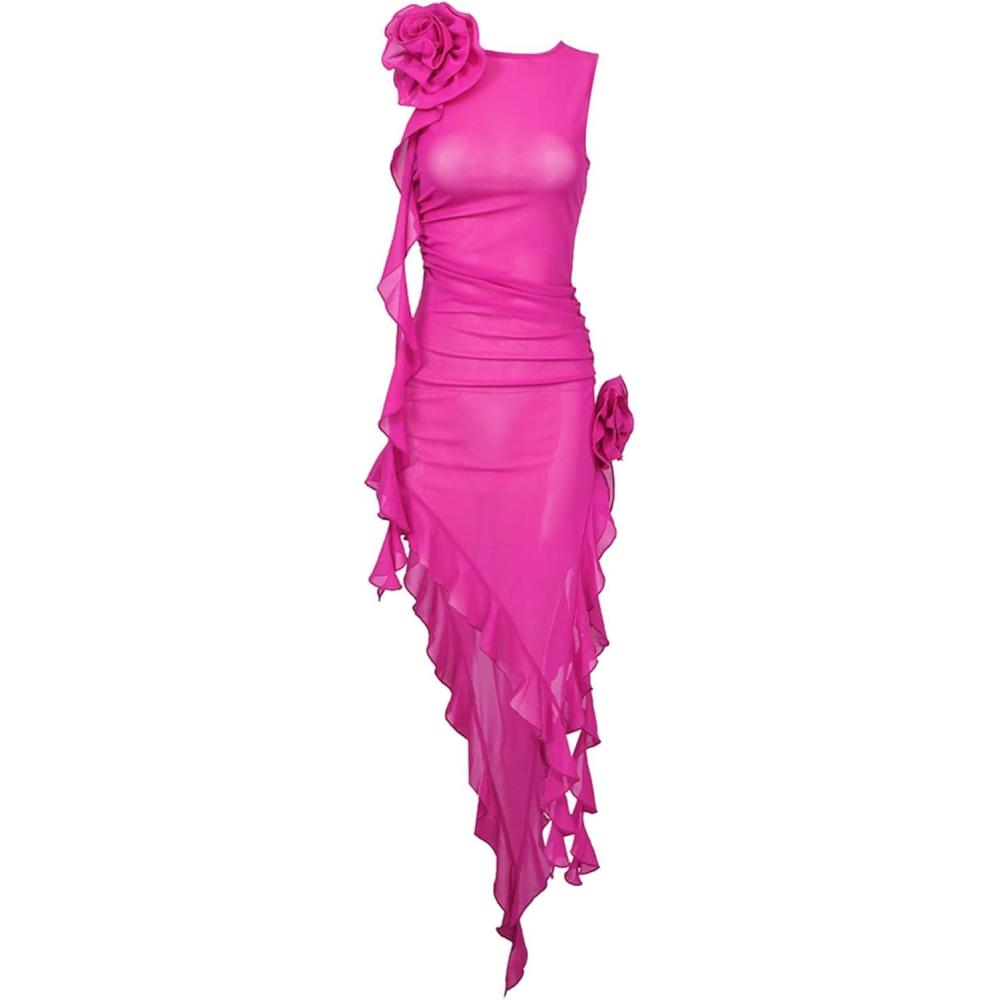 imageSheer Mesh Fashion Day Dress Floral Tassel Ruffle y2k Nightclub DressHot Pink