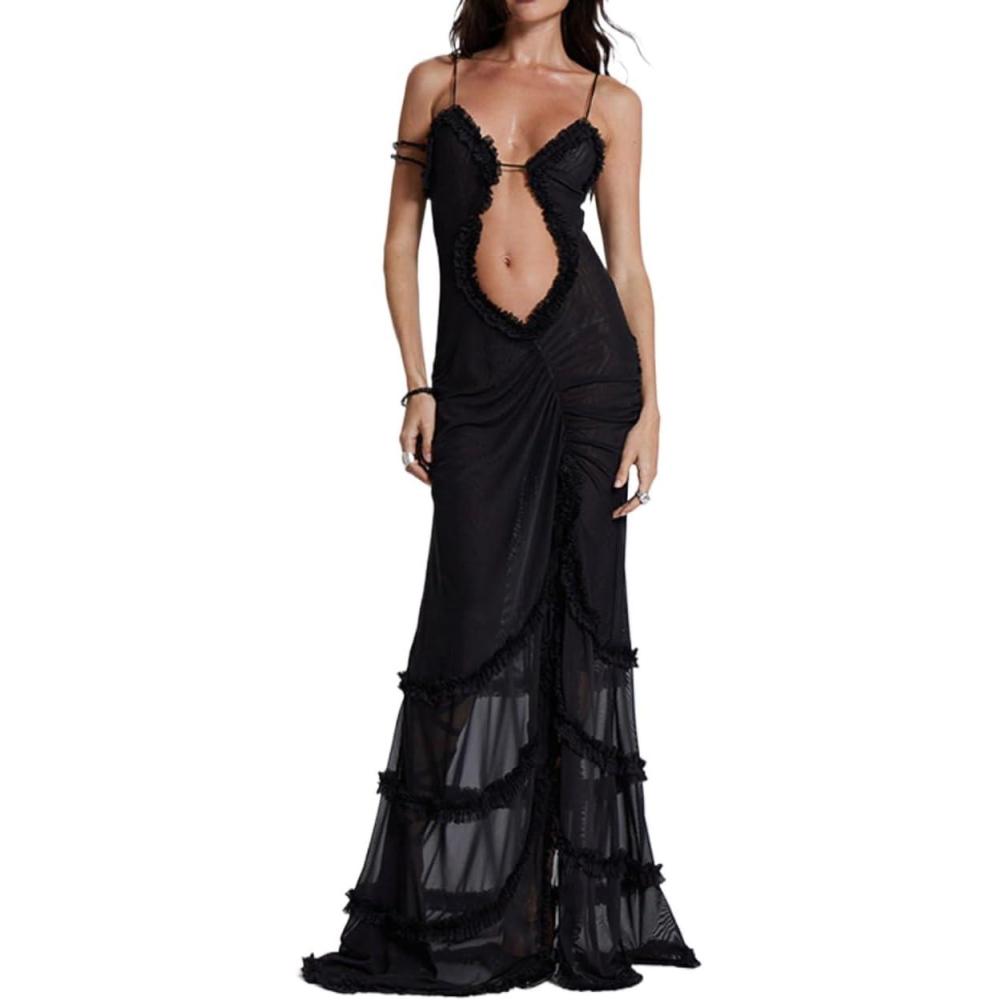 imageSkeleton Dress Printed Sexy Neckless Skeleton Lace Slit Halter Party DressesBblack