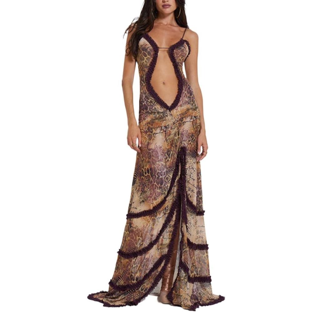 imageSkeleton Dress Printed Sexy Neckless Skeleton Lace Slit Halter Party DressesBbrown